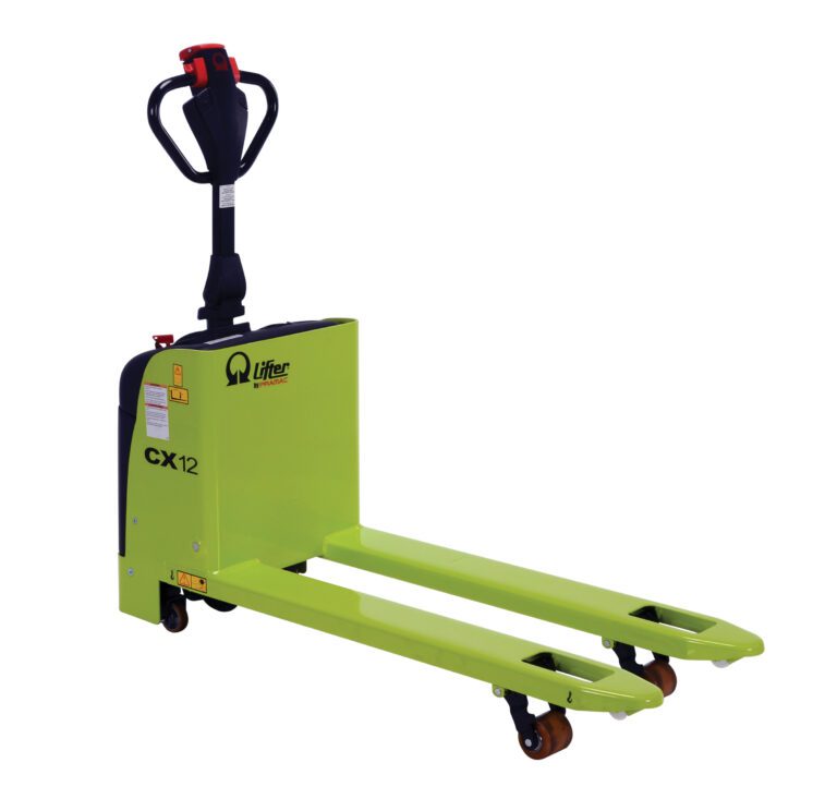 The Vestil Pramac Electric Pallet Truck 20X45 shares functionality and style with the green electric pallet jack CX12, featuring a sleek design with a black handle, red control buttons, two long forks, and small wheels.