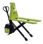 The Vestil Pramac High Lift Pallet Truck 21 x 45, model HX 10 E, features a sleek green design with black handles and wheels. Equipped with long forks and an electric control box near the base for efficient operation.