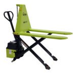 The Vestil Pramac High Lift Pallet Truck 27 X 45 features a green manual hydraulic design, with a lifting mechanism, black handle and legs, small wheels, and displays HX 10E on its side for ergonomic pallet handling.