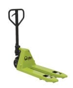 The Vestil Pramac Mini Hand Pallet Truck 16X32, with its green finish and black handle, stands sleekly against a white background.
