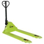 The lime green Vestil Pramac Hand Pallet Truck 26.5 X 44.5 Poly features a black handle, Lifter branding, and two wheeled forks for efficient pallet movement.