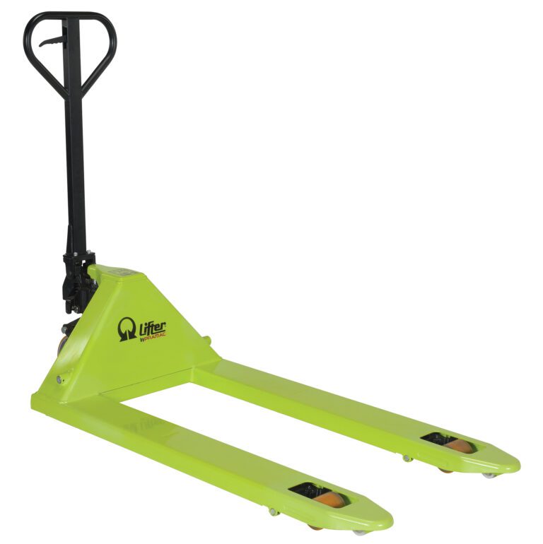 PMC-PM5-2748_A.jpg The lime green Vestil Pramac Hand Pallet Truck 26.5 X 44.5 Poly features a black handle, Lifter branding, and two wheeled forks for efficient pallet movement.