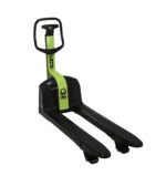 The Vestil Pramac I-Ton Pallet Truck features a green and black color scheme with ergonomic black handle grips. Its long forks efficiently lift pallets, while the Pramac logo stands out on the lifting mechanism, combining style and function.