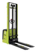 A green and black Vestil Pramac Fork Over DC Stacker 22 X 45 with Lifter branding features a tall mast and two extended horizontal forks, perfect for lifting and moving pallets efficiently.