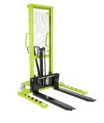 The Vestil Pramac Stacker features a green manual design with black forks and handles, adjustable forks and legs, a 2000 lb capacity, a mesh guard, a hydraulic lift mechanism for enhanced safety, and black/yellow stripes on a white background.