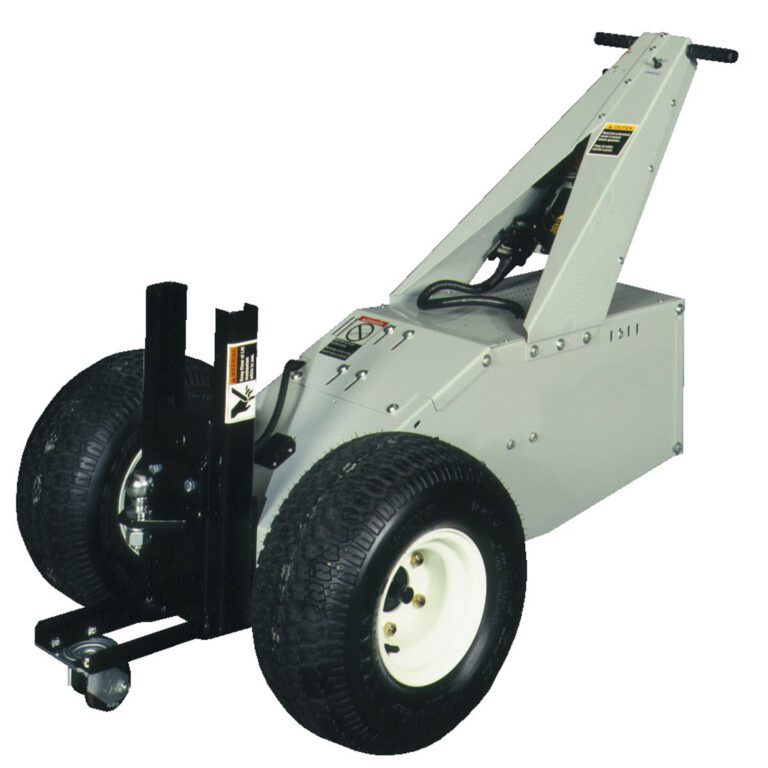 The Vestil Power Move Master 1K 53 X 37.5 X 37 is a compact, wheeled motorized vehicle with a triangular frame, large rubber tires, and hitch attachment for towing. It includes a handle for steering and is expertly designed to move heavy loads effortlessly.