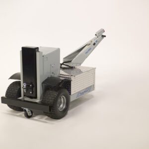 The Vestil Power Move Master 3K 78 X 36 X 43 showcases large rugged wheels and a metal box-like design, with an articulated arm extending from the top for industrial applications, set against a plain white background that highlights its technical components.