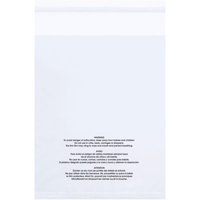 PMV121815100.jpg The MH-USA 12 x 18 resealable poly bags feature a multilingual suffocation warning at the bottom to keep them away from babies and children. Part of a 100 pack, these clear plastic bags with vent holes are empty.