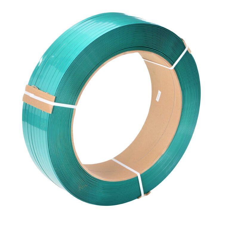 The Vestil Green Polyester Strapping, a large coil of green plastic with white fasteners, encircles a cardboard core and is elegantly displayed against a simple white background.