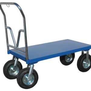 The Vestil Pneumatic Tire Platform Cart 30 X 60 has a blue flatbed (30 x 60 inches), four sturdy black rubber wheels, and a sleek silver metal handle.