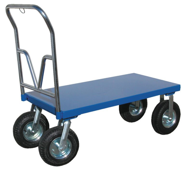 The Vestil Pneumatic Tire Platform Cart 30 X 60 has a blue flatbed (30 x 60 inches), four sturdy black rubber wheels, and a sleek silver metal handle.