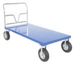 The blue Vestil Pneumatic Tire Platform Cart 36 X 72 has a flatbed, sturdy black wheels, and a metal handlebar. Built for heavy-duty transport, it includes four wheels for stability and an end handle for easy maneuverability.