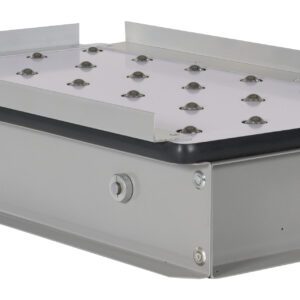 The Vestil Pop-Up Ball Transfer Platform, 19 x 32, is a rectangular gray metal unit with a flat perforated top featuring small domes. It includes side brackets and bolts, making it ideal for mechanical or engineering purposes.