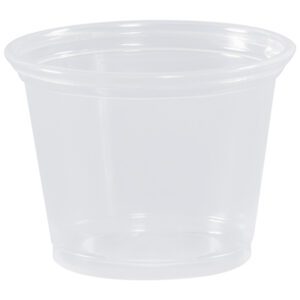 An empty MH-USA Plastic Portion Cup - 1 oz. sits upright against a plain white background, featuring a clear, smooth surface and slightly flared rim, ideal for occasions needing small servings.