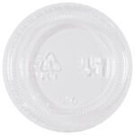 The MH-USA Plastic Portion Cup Lids for 1 oz. containers, sold as 2,500 per case, feature an embossed recycling symbol on a clear surface with a plain white background. Their round shape and textured edge ensure a secure fit.