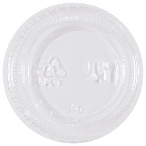 The MH-USA Plastic Portion Cup Lids for 1 oz. containers, sold as 2,500 per case, feature an embossed recycling symbol on a clear surface with a plain white background. Their round shape and textured edge ensure a secure fit.