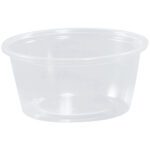 The MH-USA Plastic Portion Cups - 2 oz. (2500/Case) have a clear design with rounded rims and gently sloped sides, ideal for culinary applications.
