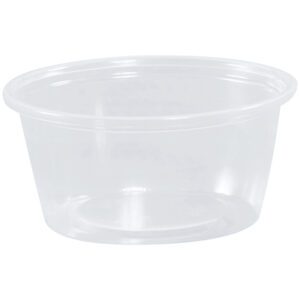 The MH-USA Plastic Portion Cups - 2 oz. (2500/Case) have a clear design with rounded rims and gently sloped sides, ideal for culinary applications.