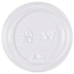 The MH-USA Plastic Portion Cup Lids are tailored for 2 oz. containers, boasting ribbed edges and recycling symbols. The lid confirms its recyclable status, making it eco-friendly. Offered in cases of 2500, it provides abundant supply for establishments seeking sustainability.