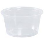The MH-USA Plastic Portion Cups, 3 1/4 oz., are small and round with a wide opening and slightly tapered sides. Each case contains 2500 cups, ideal for storing condiments or small food items in any kitchen or food service setting.