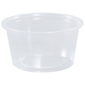The MH-USA Plastic Portion Cups, 3 1/4 oz., are small and round with a wide opening and slightly tapered sides. Each case contains 2500 cups, ideal for storing condiments or small food items in any kitchen or food service setting.