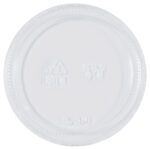 The MH-USA Plastic Portion Cup Lids for 3.25 and 4 oz., packaged in a case of 2500, are transparent plastic with embossed recycling symbols and 35, featuring a textured edge for secure sealing on containers.