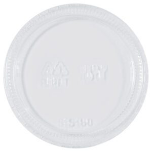 The MH-USA Plastic Portion Cup Lids for 3.25 and 4 oz., packaged in a case of 2500, are transparent plastic with embossed recycling symbols and 35, featuring a textured edge for secure sealing on containers.