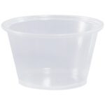The MH-USA Plastic Portion Cups - 4 oz. (2500/Case) boast a clear, open design with a wide opening and narrow base, ideal for holding small food portions or condiments.