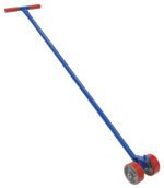 The Vestil Manual Semi-Portability Option includes a blue hand truck lever with a red handle and two red wheels on a short axle for easy maneuvering of heavy objects.