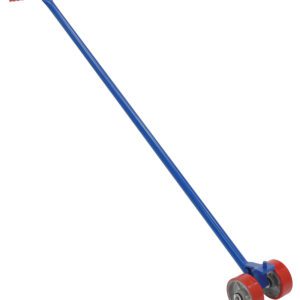 The Vestil Manual Semi-Portability Option includes a blue hand truck lever with a red handle and two red wheels on a short axle for easy maneuvering of heavy objects.