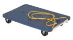 The blue Vestil Plastic Dolly W/Pull Rope features a 24x16-inch rectangular design with four black caster wheels, a yellow rope handle, textured platform with ridges and grip pads, and safety instructions on one side.