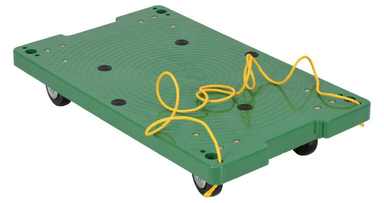 The Vestil Plastic Dolly W/Pull Rope 30X18 In 500Lb features a green surface with a circular textured pattern, supports up to 500 lbs, and includes a yellow rope threaded through edge holes for handy loops on top.