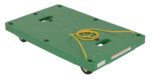 The Vestil Plastic Dolly W/Pull Rope 33.5X21 In is green and rectangular with surface grooves and a yellow pull rope. It rolls smoothly on four black wheels, featuring embossed text for added detail.
