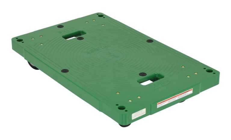POS-2133_A.jpg The Vestil Plastic Dolly 33.5 x 21 inches is a green rectangular platform with four wheels, textured surface, and handle cutouts on two sides, labeled on one edge. Its sturdy for transporting up to 500 lbs of heavy items effortlessly.