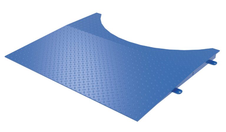 The Vestil Approach Ramp is blue with a diamond-plate design, featuring an upward curve and rounded cut-out for secure positioning. It includes two side handles for easy carrying.
