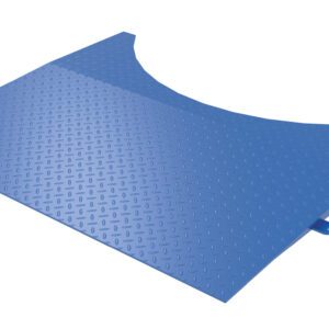 The Vestil Approach Ramp is blue with a diamond-plate design, featuring an upward curve and rounded cut-out for secure positioning. It includes two side handles for easy carrying.