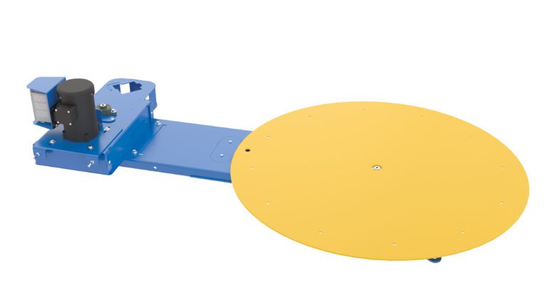 POW-CAR-50_A.jpg Image of a Vestil Low Profile Powered Carousel 2 In, showcasing a large yellow platform connected to a blue base with an elongated arm and motor.