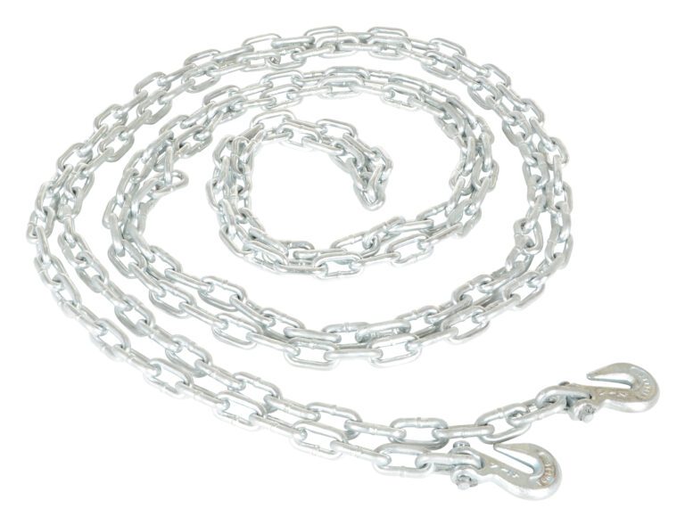 The Vestil Chain W/ Grab Hook, 20 ft long with 1/4 in metal links, appears sturdy and interlocking on a white background, ideal for heavy-duty tasks.