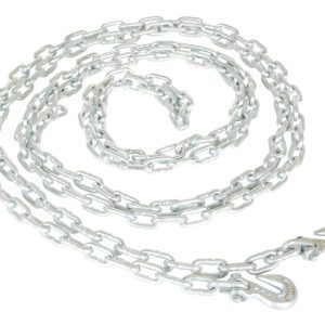 The Vestil Chain W/ Grab Hook, 20 ft long with 1/4 in metal links, appears sturdy and interlocking on a white background, ideal for heavy-duty tasks.
