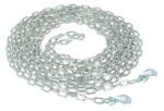 On a plain white background lies the Vestil Chain W/ Grab Hook, 40 Ft of 1/4 In, silver in color, coiled in a circular pattern.