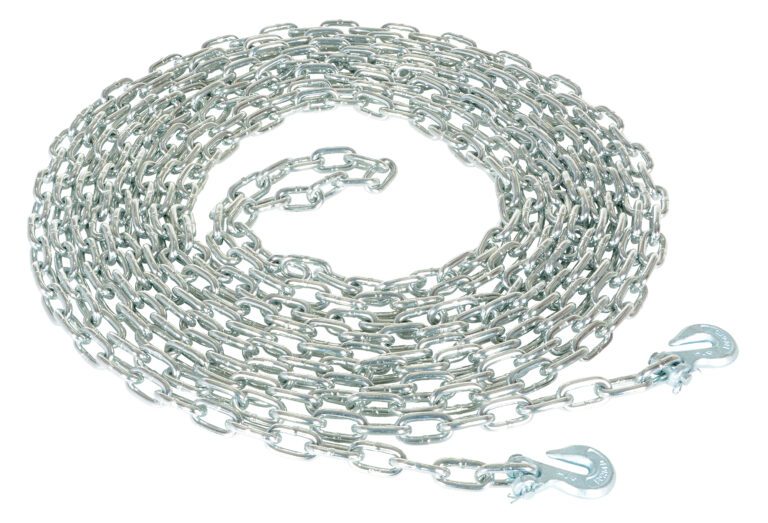 On a plain white background lies the Vestil Chain W/ Grab Hook, 40 Ft of 1/4 In, silver in color, coiled in a circular pattern.