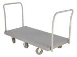 The Vestil Plastic Platform Truck 2 Handles 3K is a gray, four-wheeled cart with dual upright handles and a durable rectangular surface, ideal for transporting heavy loads.