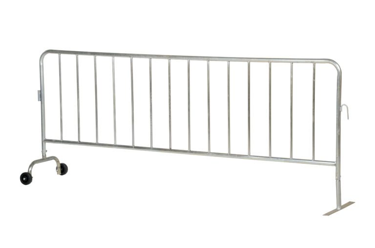 The Vestil Galvanized Barrier W/1 Wheel, 1 Flat is a sleek, freestanding metal crowd control solution with vertical bars and one wheeled end, ideal for efficiently directing pedestrian traffic or creating effective boundaries at events.