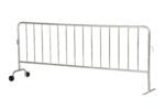 Introducing the Vestil Hd Galvanized Barrier W/1 Wheel, 1 Flat. This silver metal crowd control barrier features vertical bars, two sturdy feet, a hook on one end, and a single wheel for easy mobility—ideal for managing crowds at events or construction sites.