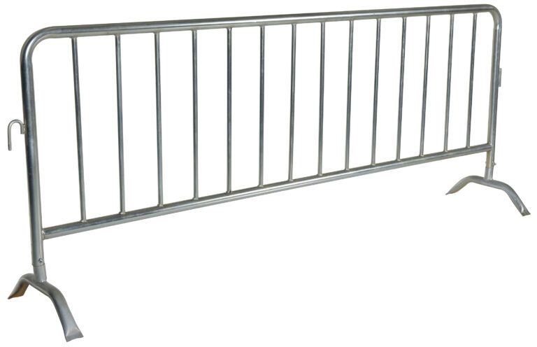 PRAIL-102-HD-G_A.jpg The Vestil Hd Galvanized Barrier W/Curved Feet is a silver metallic crowd control barrier featuring vertical bars and curved legs. Ideal for temporary use at events or construction sites, it efficiently manages pedestrian flow and boosts safety.
