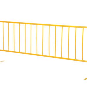 The Vestil Hd Yellow Barrier W/Flat Feet is a durable crowd control tool with stable vertical bars, ideal for events or construction sites to guide or restrict pedestrian movement and ensure safety.