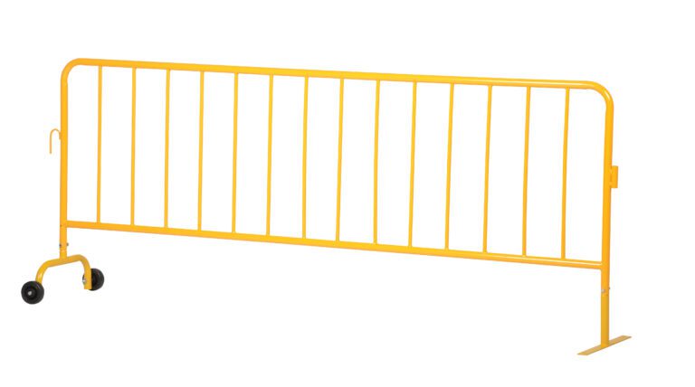 The Vestil Hd Yellow Barrier W/1 Wheel, 1 Flat is lightweight with vertical bars and a flat wheel, making it perfect for crowd control or sectioning off areas.