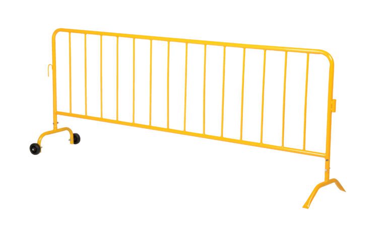 PRAIL-102-HD-Y-W_A.jpg The Vestil Hd Yellow Barrier W/1 Wheel, 1 Curved, features iconic curved feet and vertical bars for freestanding crowd control. Its small wheels ensure easy maneuverability, all highlighted against a plain white backdrop for striking contrast.