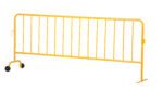 The Vestil Yellow Barrier W/1 Wheel, 1 Flat features a sturdy flat design with vertical bars, two supportive feet, and a single wheel for easy mobility.