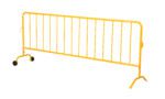 The Vestil Yellow Barrier W/1 Wheel, 1 Curved features vertical bars and support legs for mobility and stability.